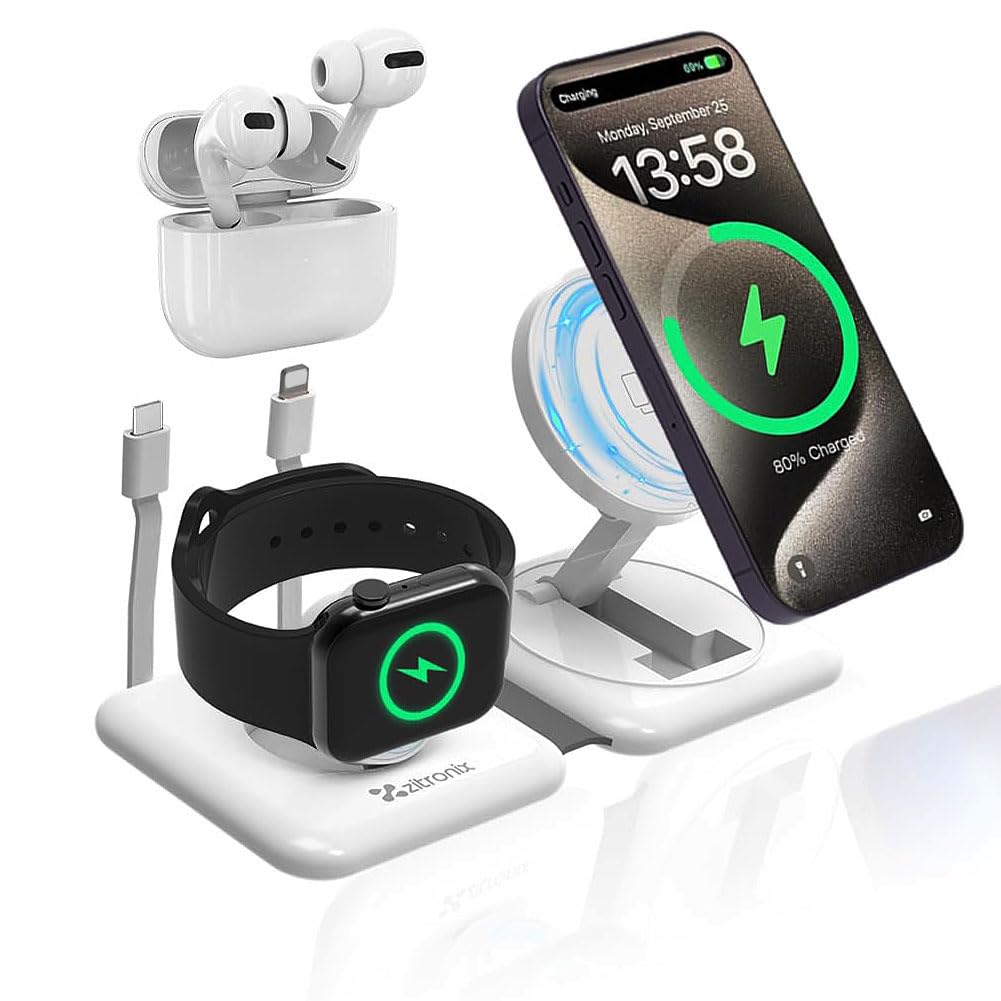 zitronix® TYPE C Wireless Charger for Apple 4 In 1 Magnetic Wireless Charger with TYPE C & Light-ning Charging Cable Travel Wireless Charger Adapter for iPhone, iWatch, AirPods, Type C Devices