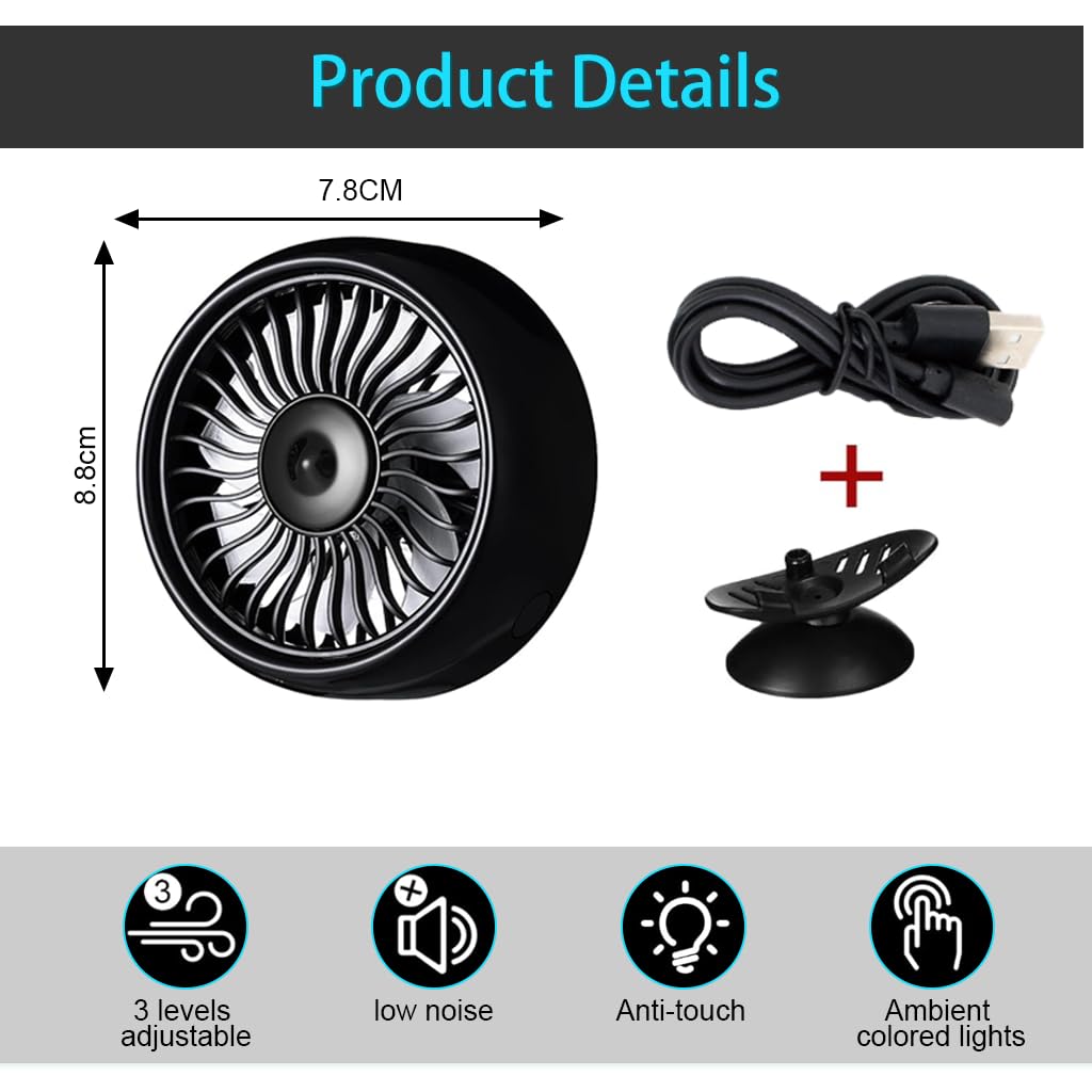 STHIRA USB Car Fan for Dashboard and Air Vent with 3 Speeds and 80cm Cable | LED Cooling