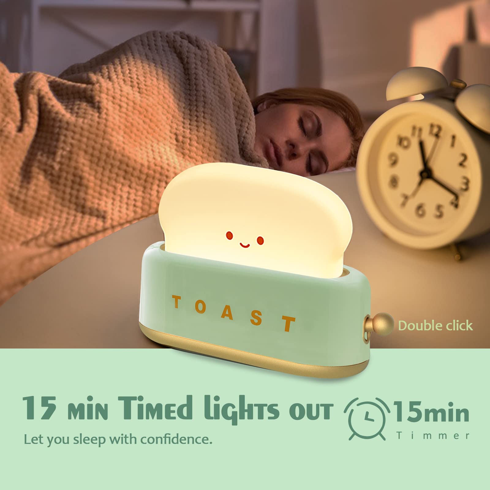 ELEPHANTBOAT Plastic Desk Lamp for Kids featuring Cartoon Toaster Design and USB Rechargeable Warm Dimmable LED | 3PCS Green Set