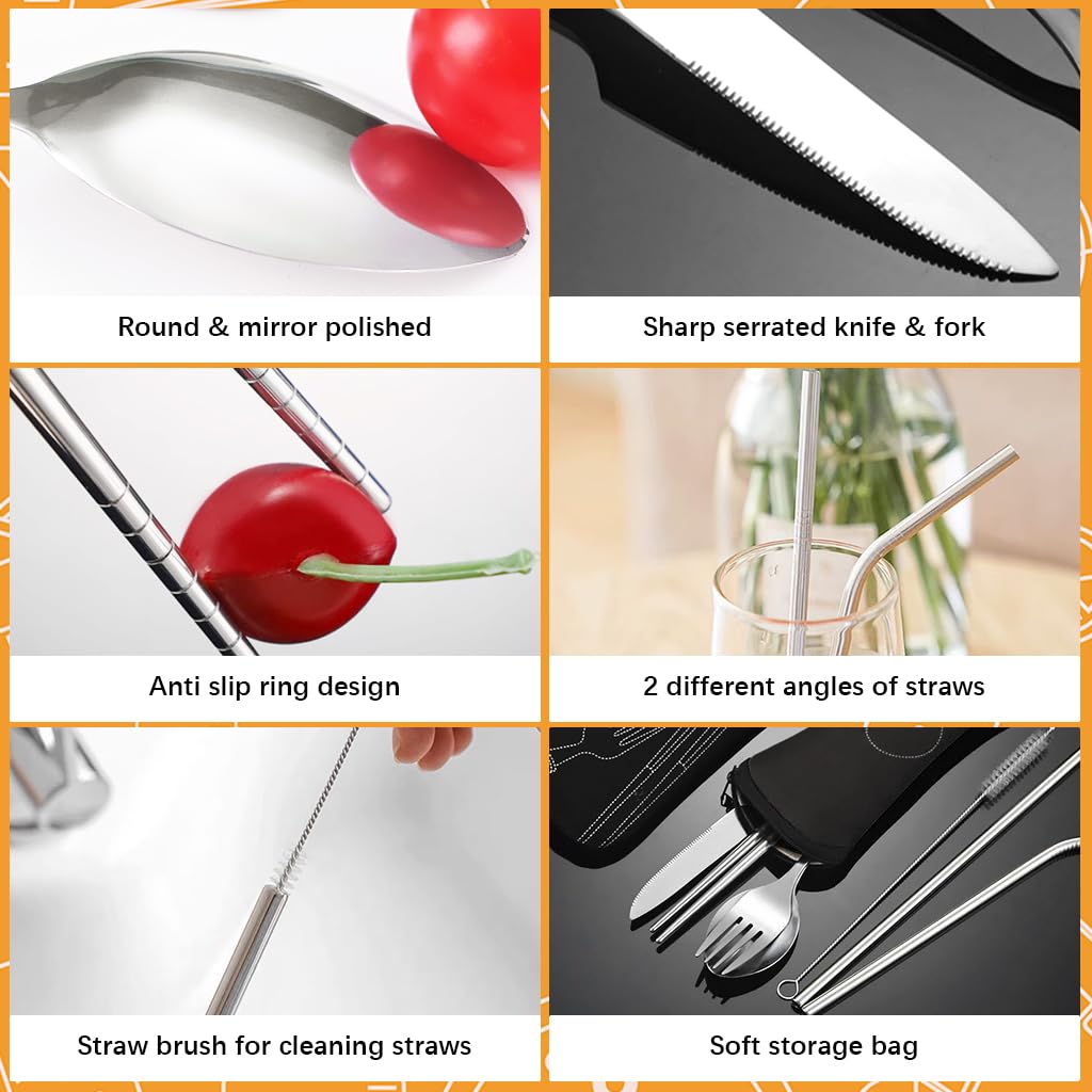 HASTHIP Flatware Set for Travel and Daily Dining with Storage Bag | 7Pcs 304 Stainless Steel Cutlery Featuring Chopsticks and Straw Brush