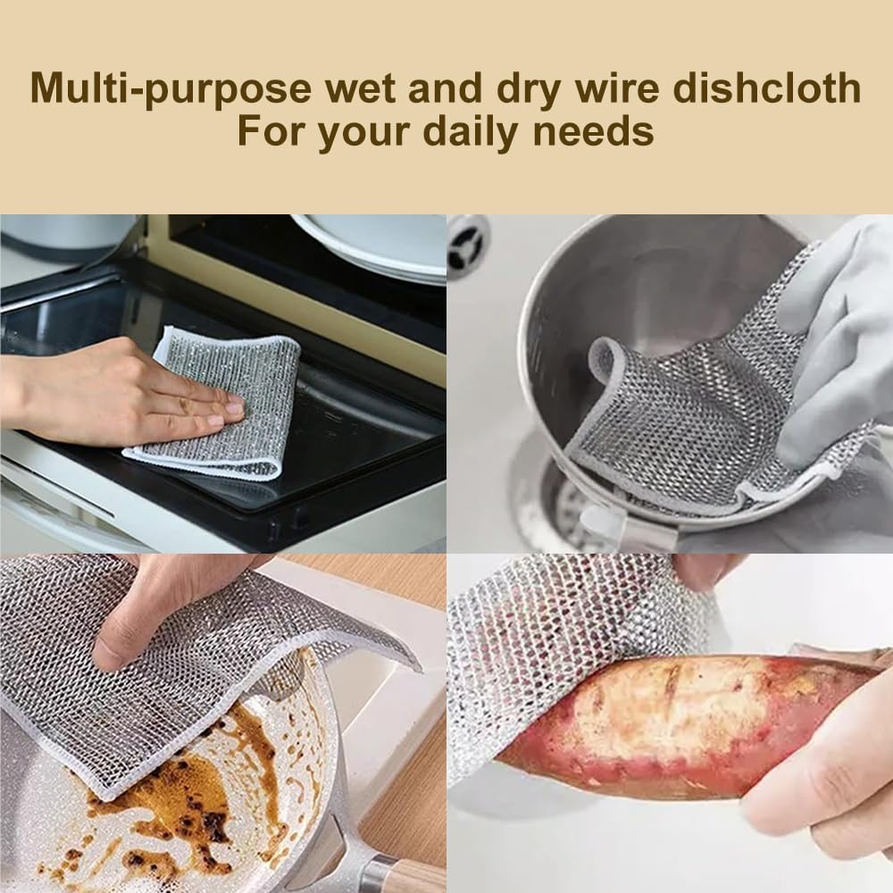 HASTHIP Multipurpose Wire Dishwashing Rag for Wet and Dry Use 5pcs 7.8in | Double Layer Non Scratch Cloth