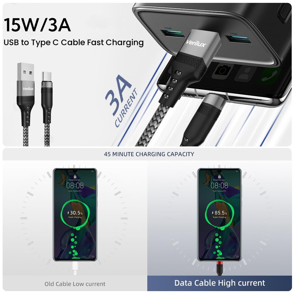 Verilux USB C Cable for Fast Charging and Data Transfer featuring 16.4ft Nylon Braided Design | 15W 3A Power Delivery