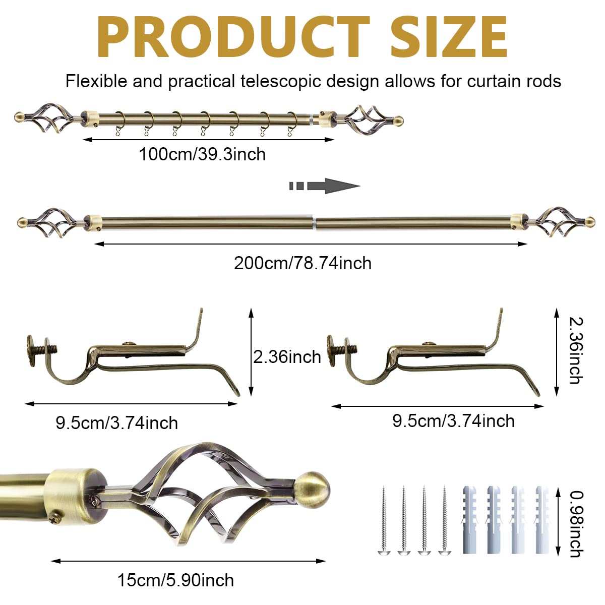 HASTHIP Curtain Rod for Windows adjustable 40 to 79 in with swirl finials and iron build | bronze finish