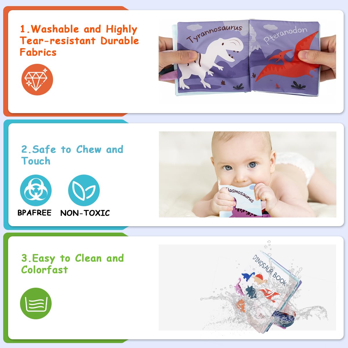 SNOWIE SOFT 3D Dinosaur Cloth Book for Babies 0 to 3 Years with Crinkle Sounds & Mirror | Washable Sensory Toy