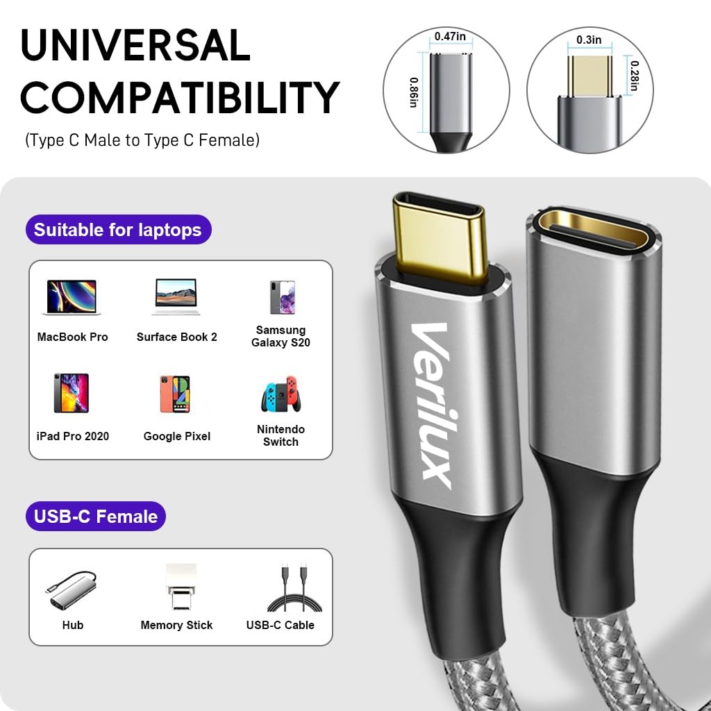 Verilux USB C Extension Cable for Fast Charging and 4K Video | 9.8 ft Nylon Braided Design