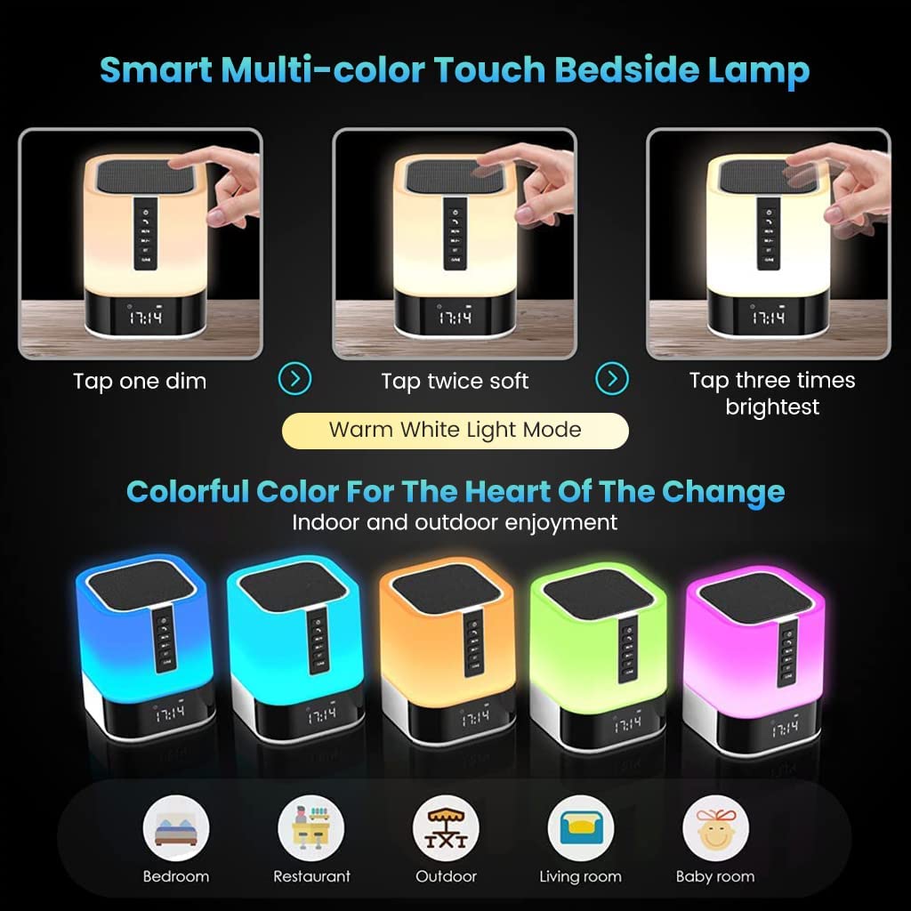 ELEPHANTBOAT Night Light Bluetooth Speaker for Bedroom with Alarm Clock and 48 RGB Colors | Touch Control Lamp for Kids and Teens