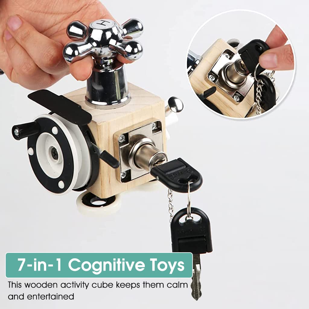 ZIBUYU Wooden Montessori Busy Board Cube for Parent Kids Activity with 7 in 1 Toys | Educational Sensory Toy for 1 4 Year Old Toddlers
