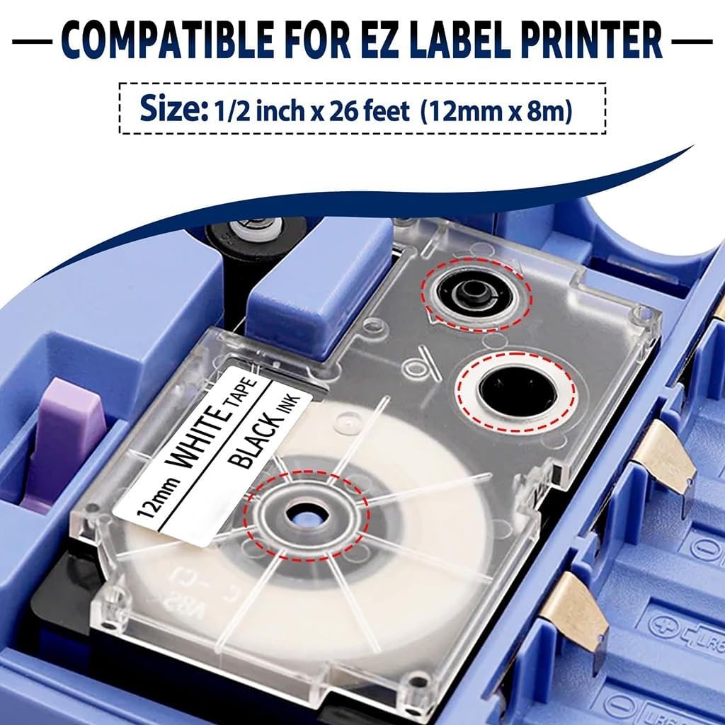 ZIBUYU Label Tape for Casio Label Printers featuring Waterproof 12mm 8m Roll | White with Black Ink