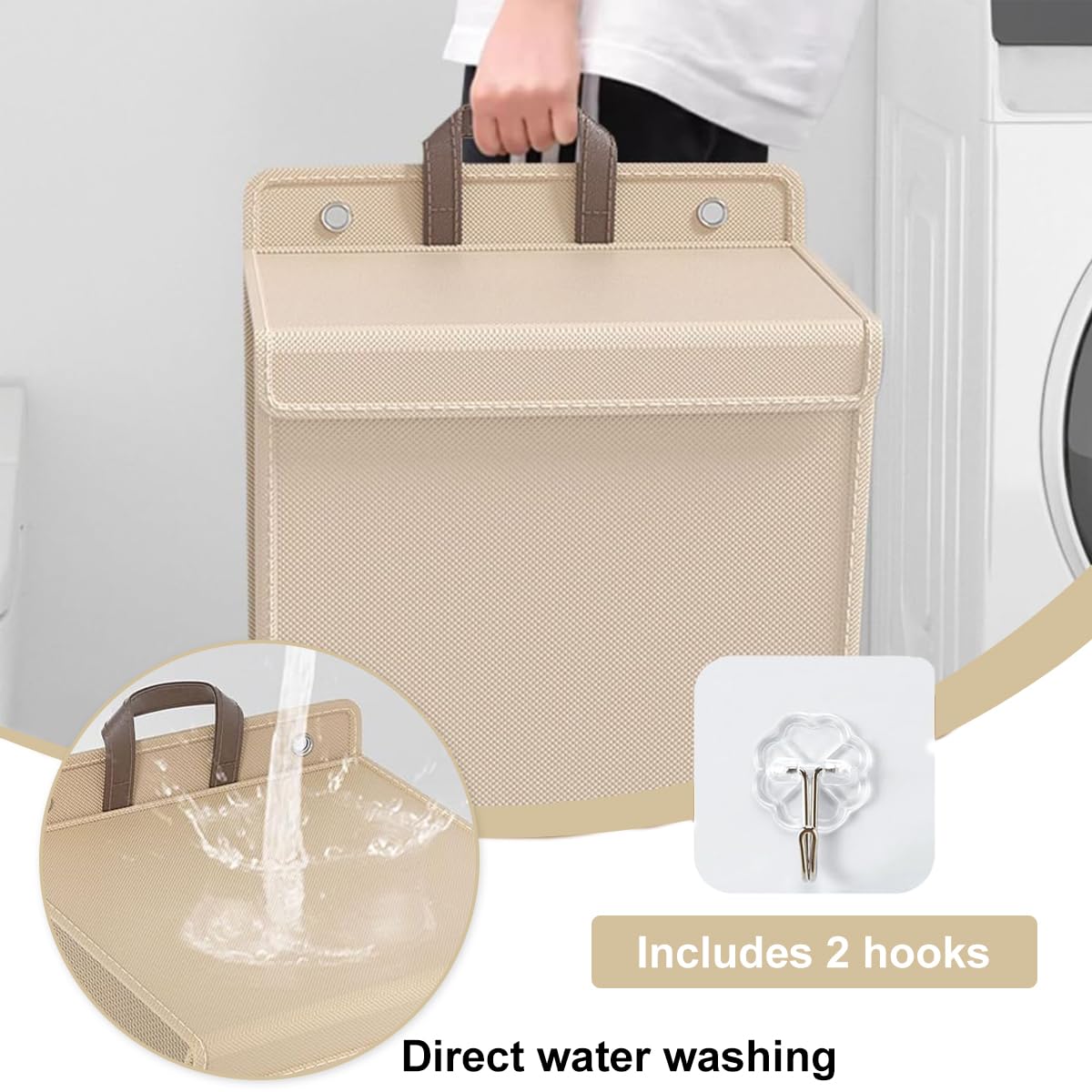 ZIBUYU Foldable Laundry Basket for Clothes with Lid 41x15x58cm featuring Mesh Ventilation and Linen Fabric Handle Design