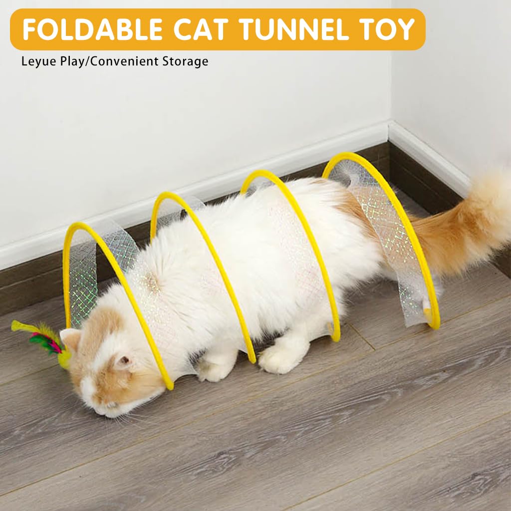 Qpets Cat Tunnel for Indoor Cats with Elastic Spring and Feather Toys | 3 PCS Collapsible Playhouse