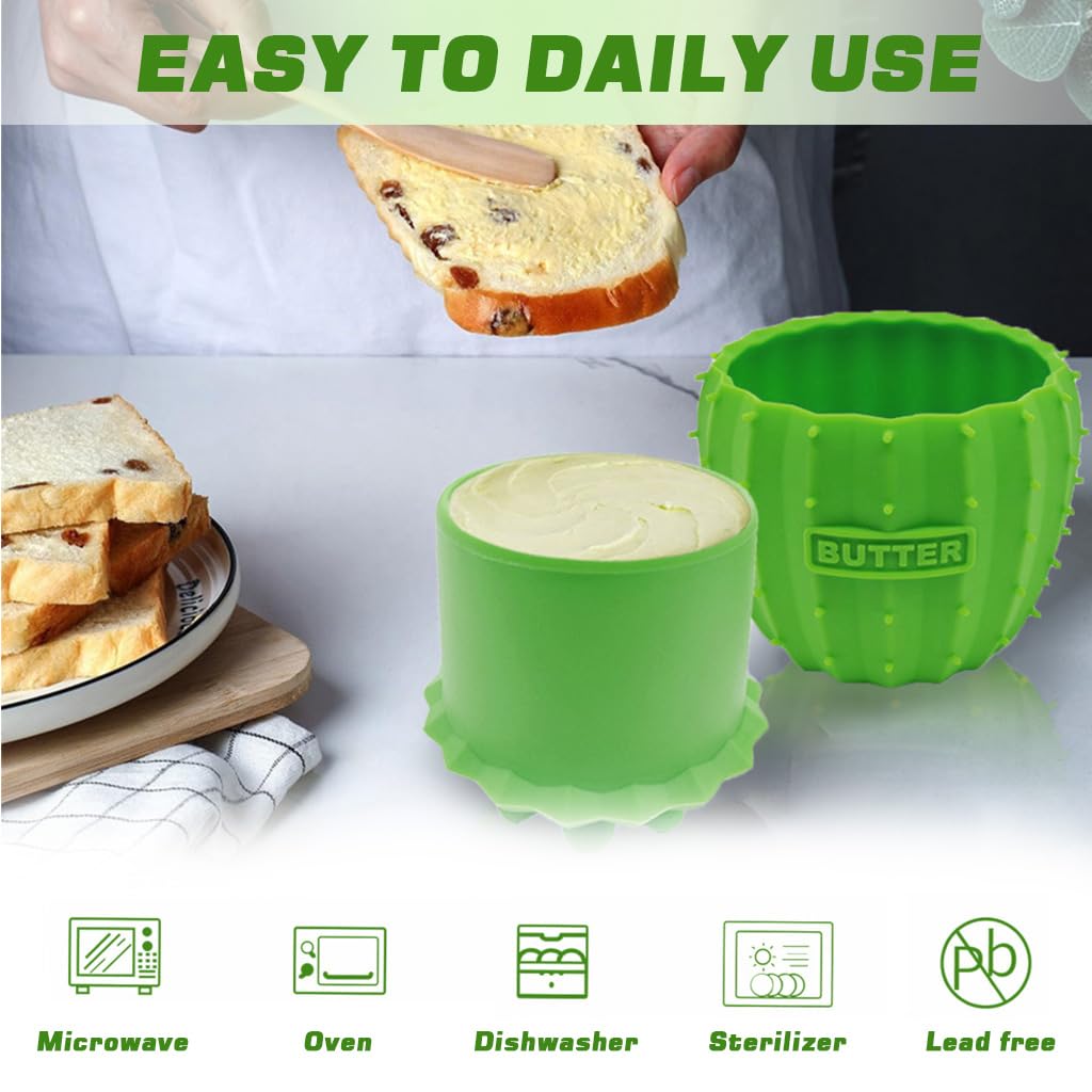 Supvox Cartoon Cactus Silicone Butter Jar for Kitchen Storage featuring Secure Lid 3.15x3.94 in | BPA Free Food Grade Green Container
