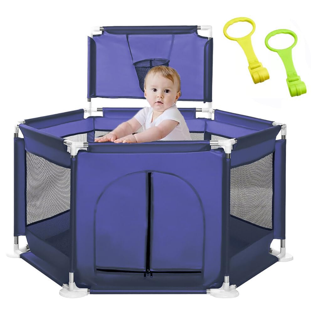 SNOWIE SOFT® Baby Play Area Indoor Setup with Basketball Frame & Gate DIY Assembly Hexagon Play Yard Breathable Playpen for Babies and Toddlers Portable Outdoor Baby Playpen, with 2 Pull Grips