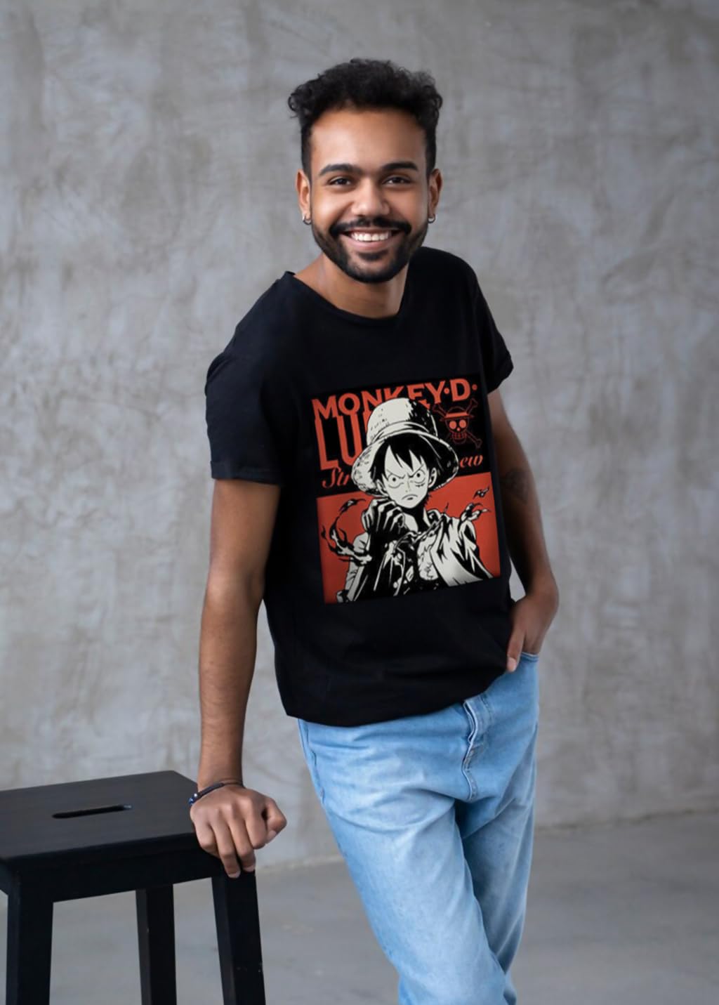 GUSTAVE Fashion T Shirt featuring Monkey D Luffy HD Digital Print Black Dacron Fabric for Men Women | Bust 20.5 in