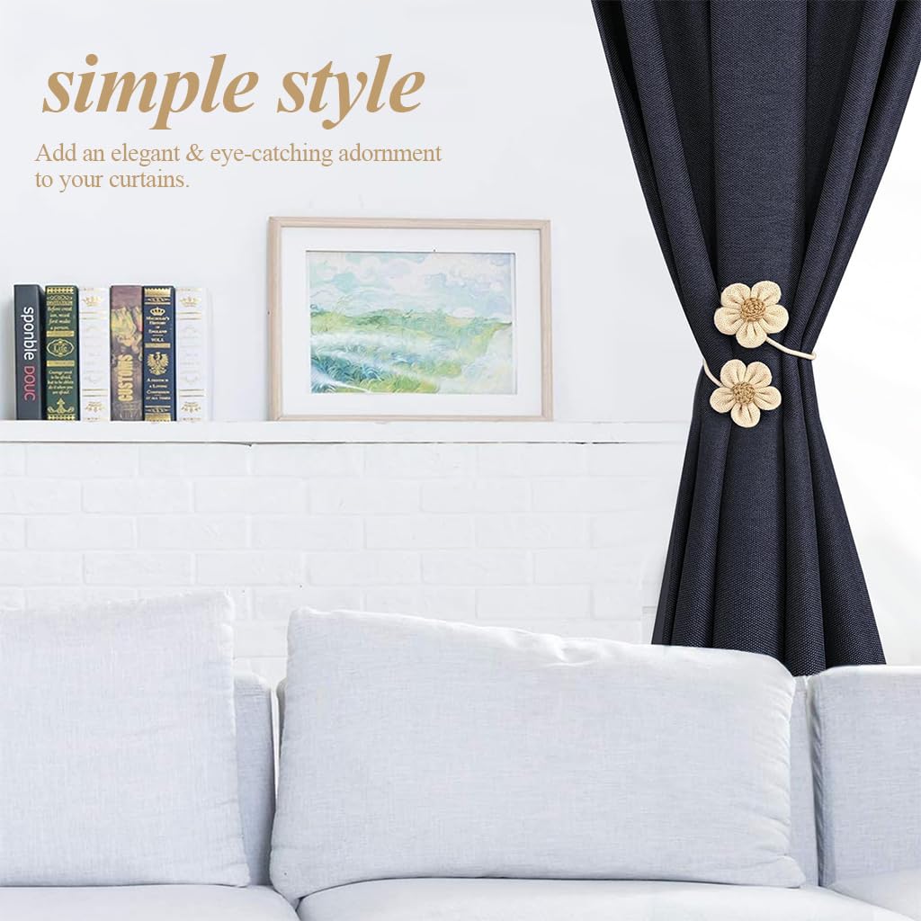 HASTHIP Flower Curtain Tiebacks for Heavy Drapes with Flexible Metal Wire and Cotton Linen | Decorative 2Pcs Set