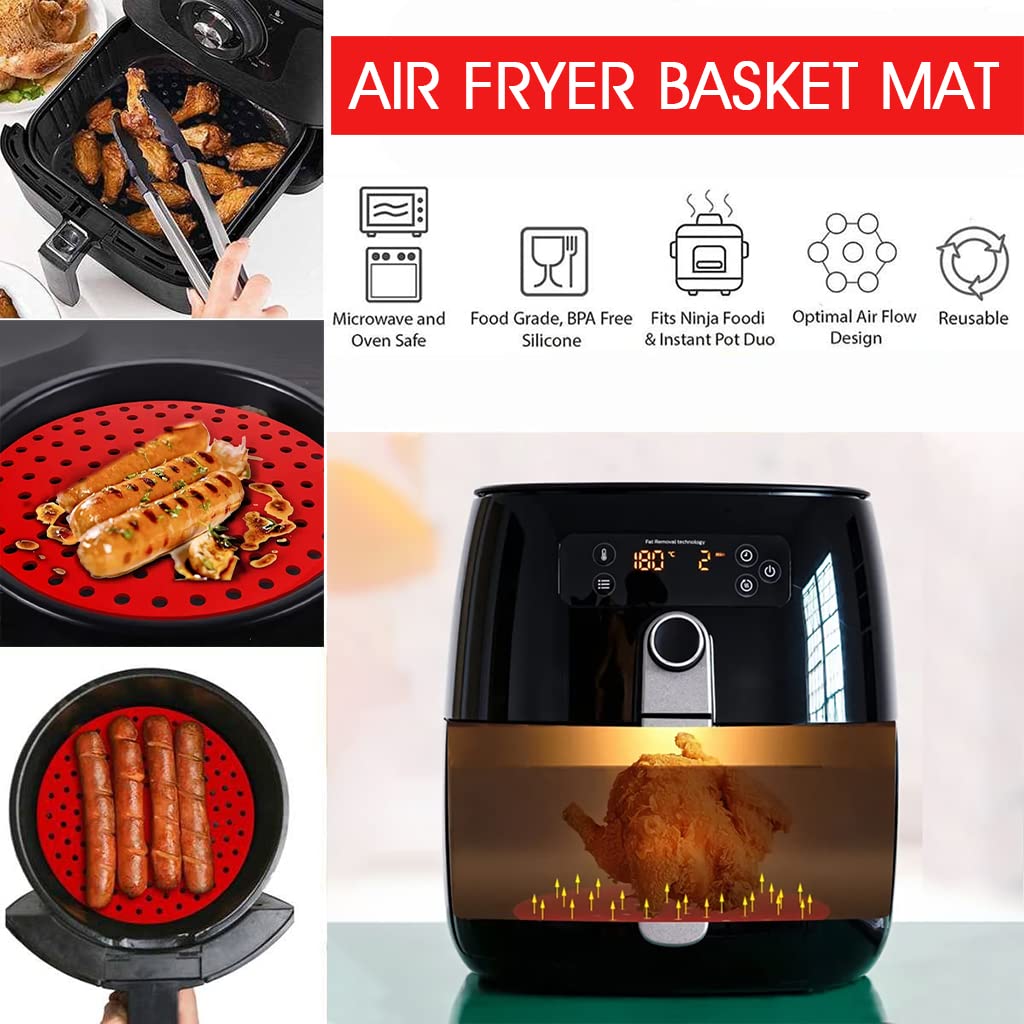 HASTHIP Reusable Silicone Air Fryer Liners for 8 Inch Fryers with Even Heat Holes | 2 Pack Red and Black