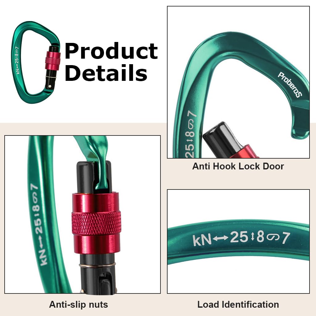 Proberos Climbing Carabiner Clip for Various Climbing Activities with Screwgate Lock 25KN Aviation Aluminum 10x5.8 cm