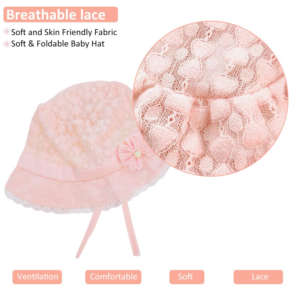 SNOWIE SOFT® Baby Cap 6-12 Months, Adorable Sun Cap for Baby Girl, Summer Hat with Strap Bucket Hat Cute Bow Tie Lace Sun Hat Travel Sun Hat for New Born Baby, Pink