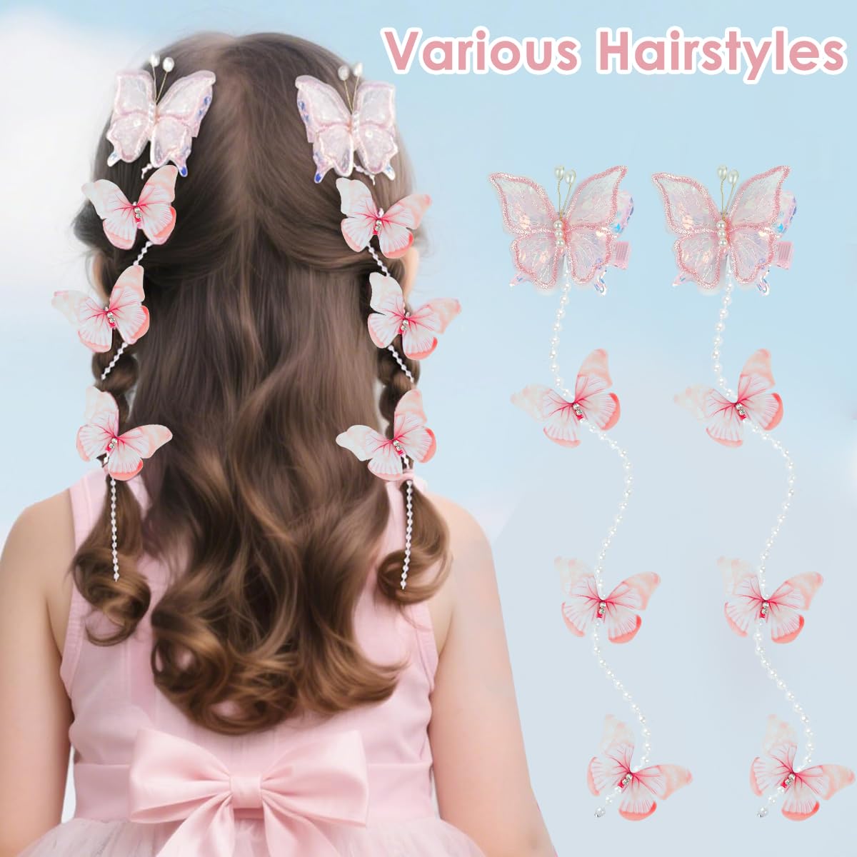 PALAY Pearl Butterfly Kids Hair Clips for Girls with Beaded Charms and Easy Clip-On Design | 6Pcs in Pink Blue and Purple