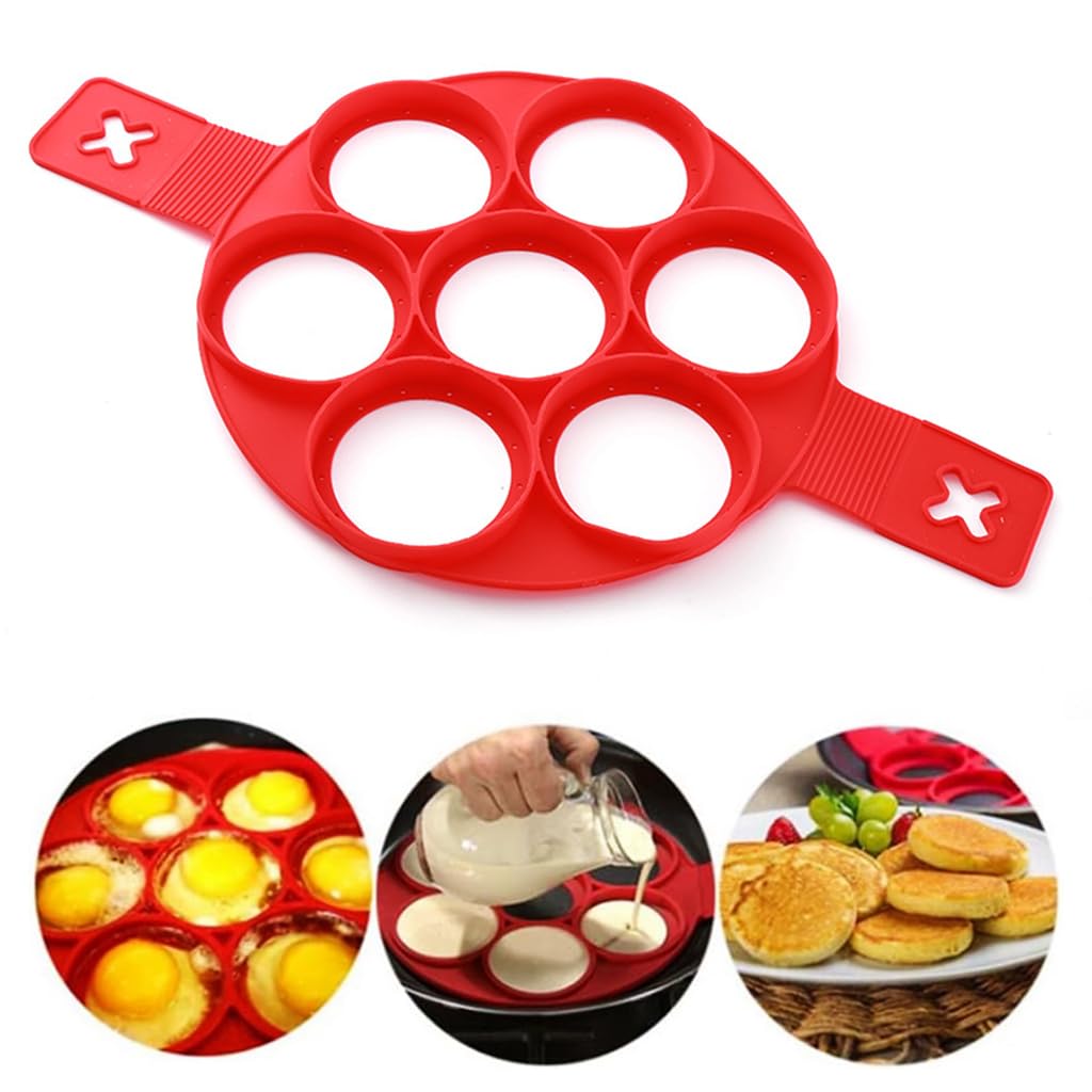 Supvox® Kitchen Egg Ring 2.8'' Diameter 7-Hole Silicone Egg Ring Pancake Mold with Lifting Handles Heat Resistant BPA Free Silicone Egg Ring  Pancake Maker for Griddle, Fry Pan