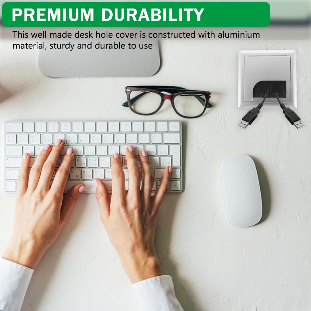 HASTHIP Desk Cable Management Hole Cover for Office Organization with Flip Lid & Brush 80x80mm Aluminium Silver