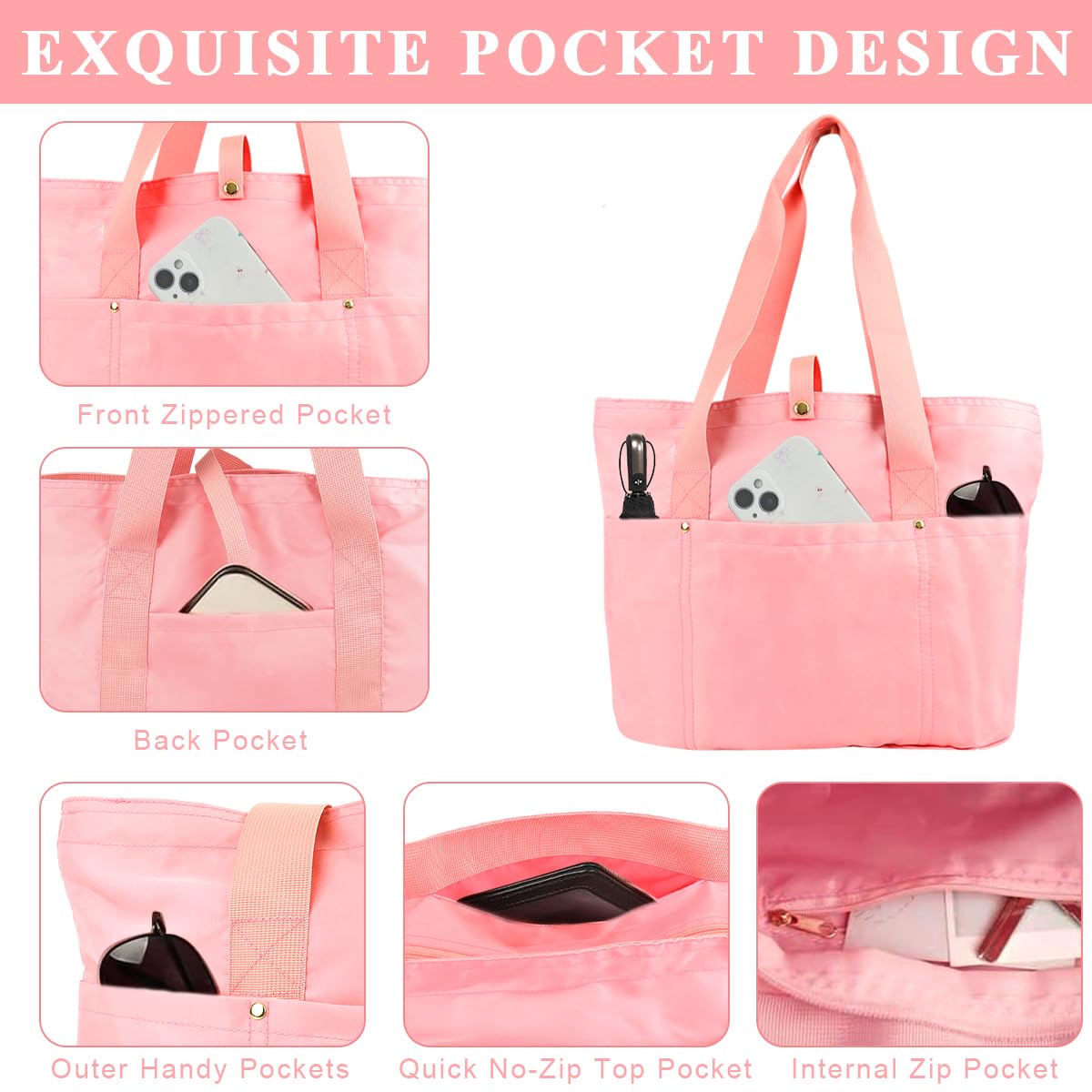 Zibuyu Tote Bag for Women with 20L Capacity and Foldable Design in Pink Polyester | Ideal for Travel, College and Office