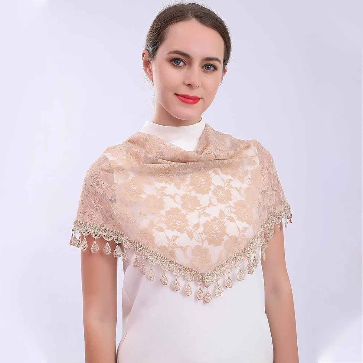 PALAY Lace Shawl for Women featuring Rose Jacquard Pattern with Tassel Hem | Brown Mantilla Veil
