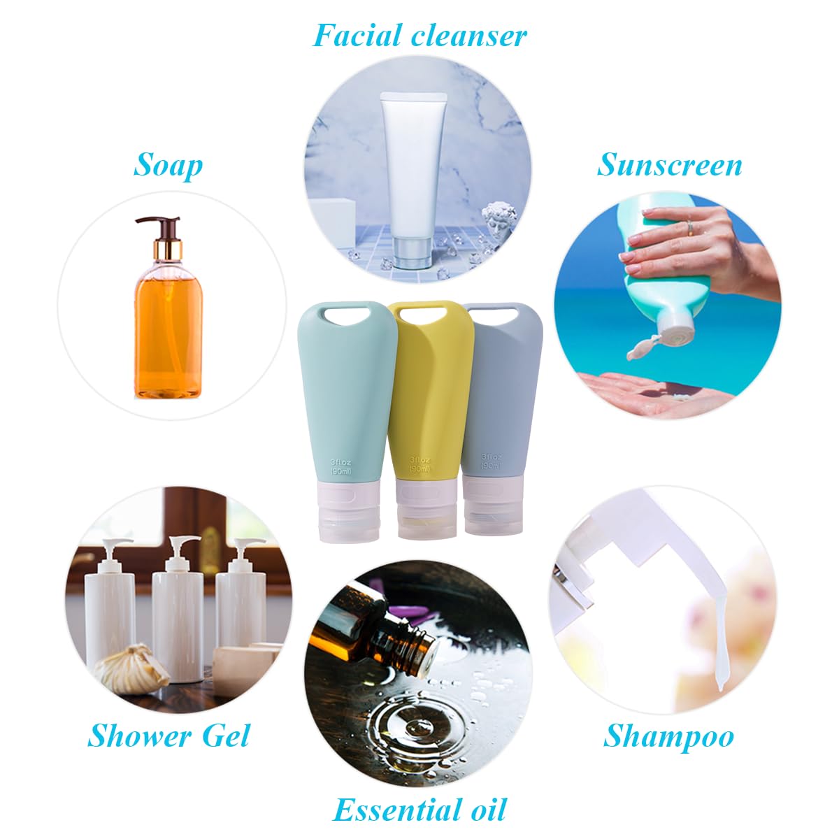 MAYCREATE Travel Bottles for Toiletries with Carabiners featuring 3 Pack 90ml Soft Silicone | Leakproof Refillable Containers