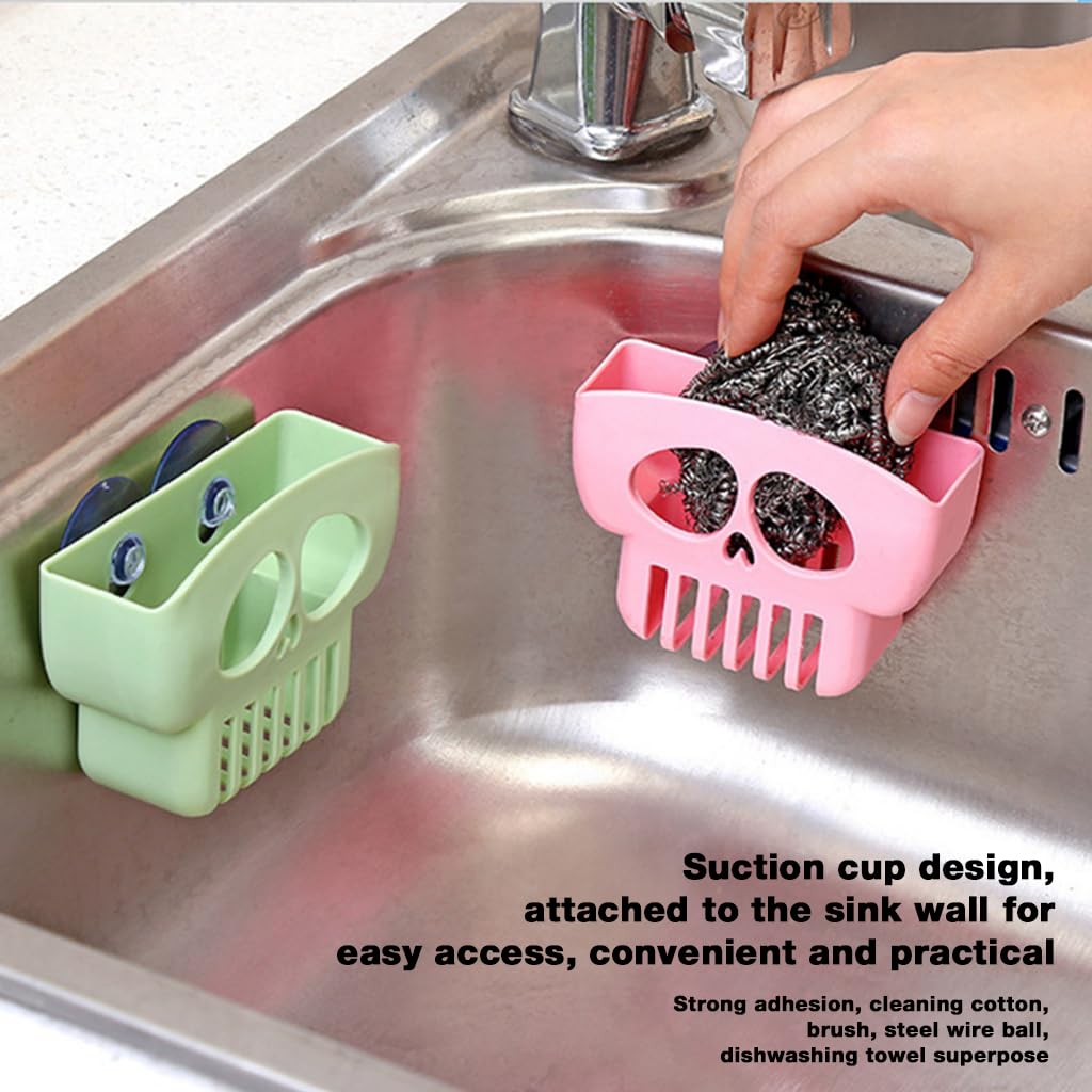 ZIBUYU Kitchen Sink Sponge Holder 3Pcs Set with Suction Cup featuring Skull Face PP Design