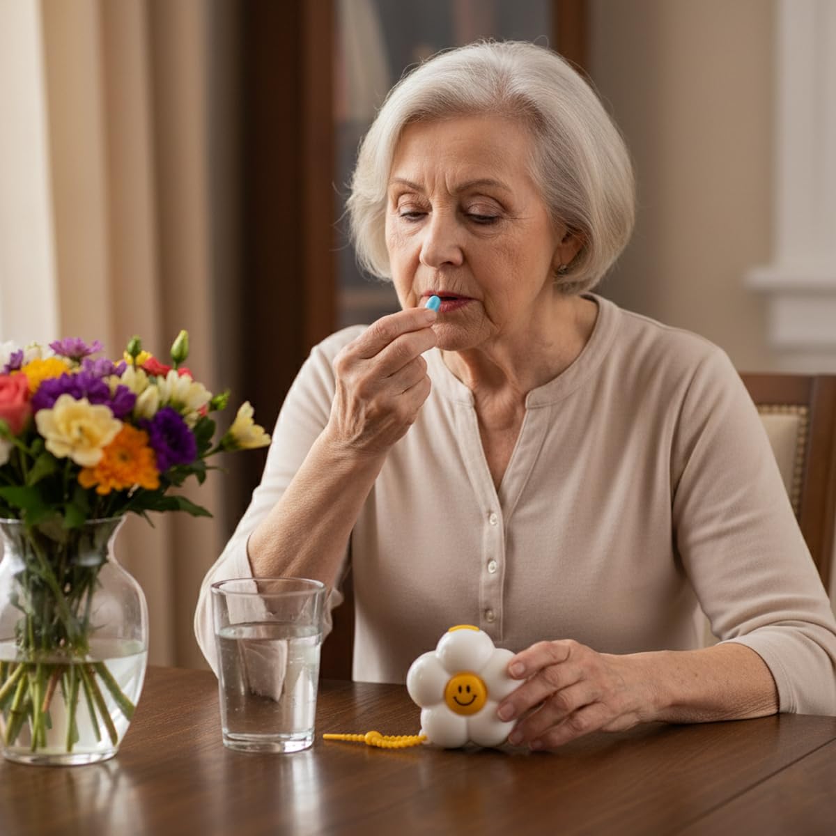 HANNEA Pill Organizer for Travel and Daily Use with 6 Compartments and Silicone Lanyard | Cream White Floral Design