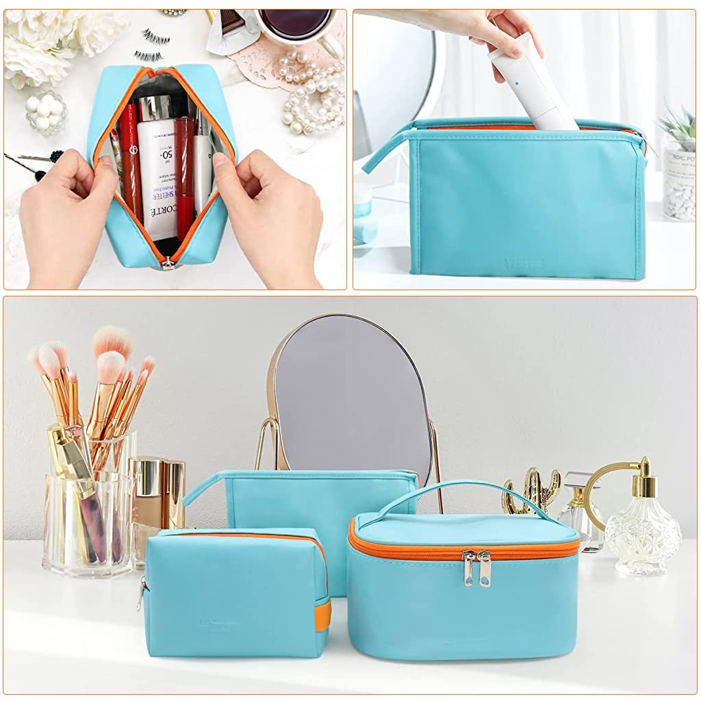 ZIBUYU Makeup Organizer Bag for Travel and Home with Waterproof PU & Zippered Pouch Set 3 Piece | Blue Cosmetic Bags for Women