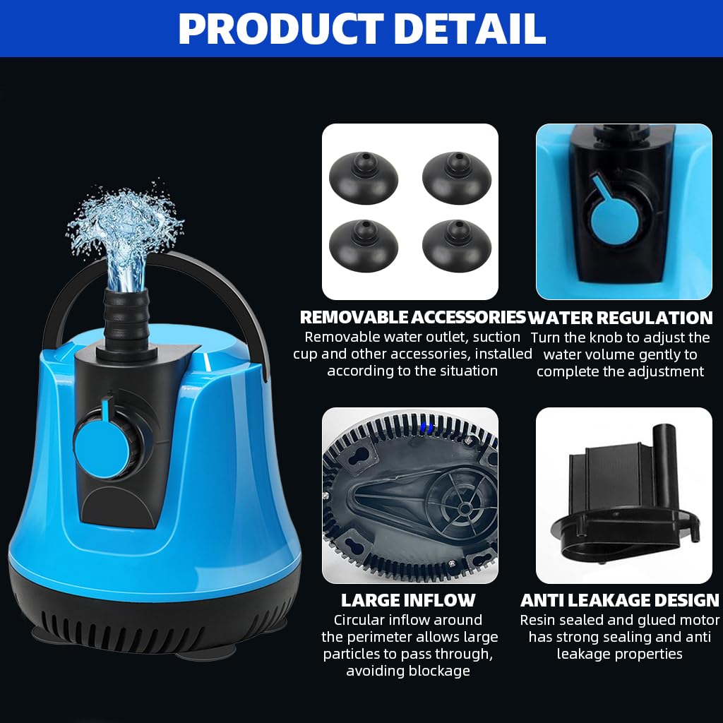 Qpets Submersible Water Pump for Aquarium Pond and Fountain featuring Adjustable Flow 85W 4.5M Lift | Low Noise Suction Cup Base 2PCS