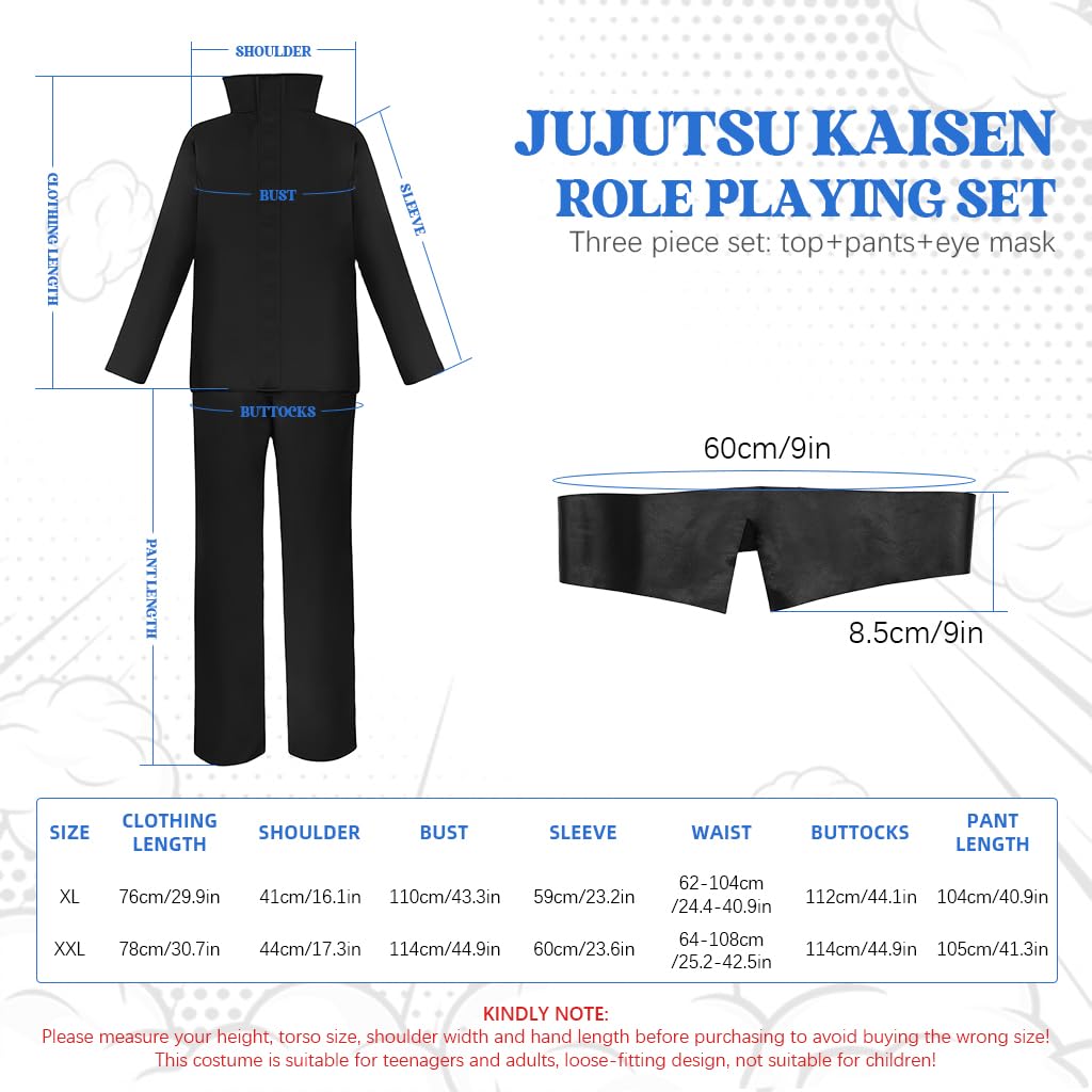 Fancyku Gojo Satoru Cosplay Costume for Men with Jacket Pants and Eye Mask | XXL Black