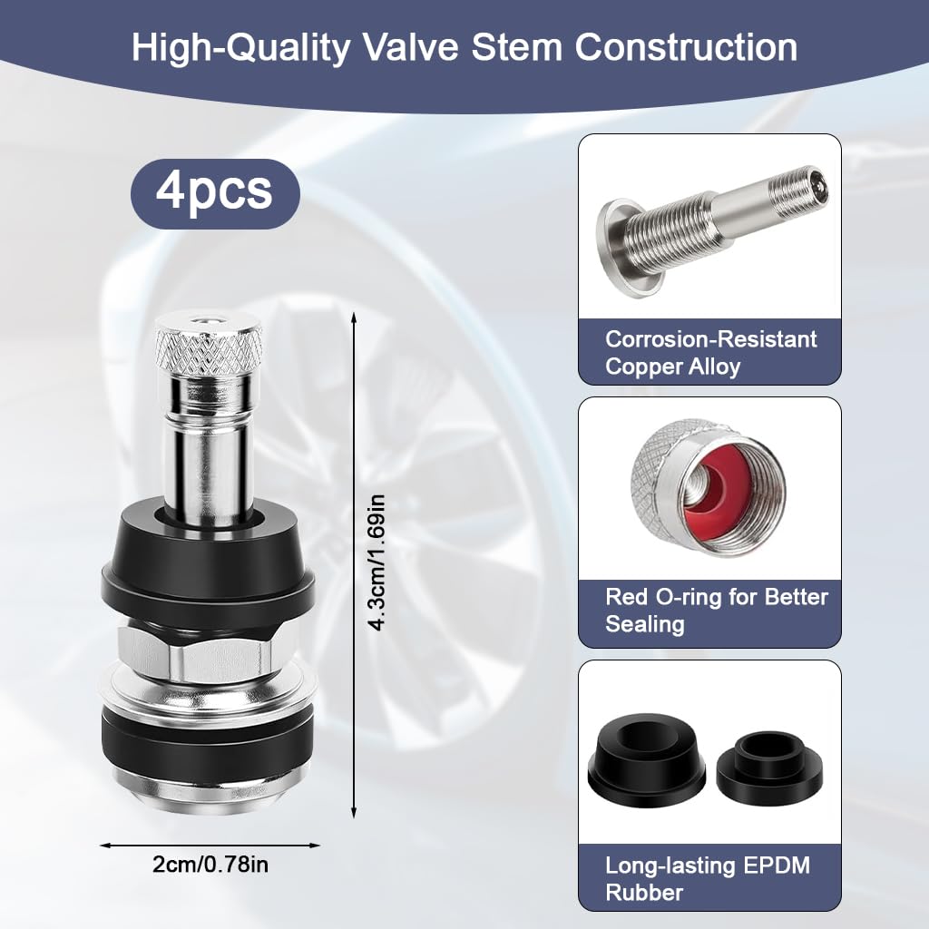 STHIRA Automotive Tire Valves for Tubeless Car and Motorcycle Tires with Threaded Air Nozzle | 4Pcs Metal and Rubber Set for Reliable Pressure Maintenance