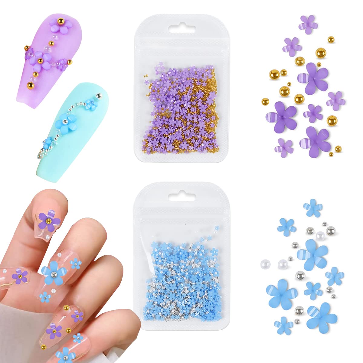 MAYCREATE 3D Flower Nail Charms for DIY Nail Art with 400 pcs Acrylic Decals | Blue and Purple Designs
