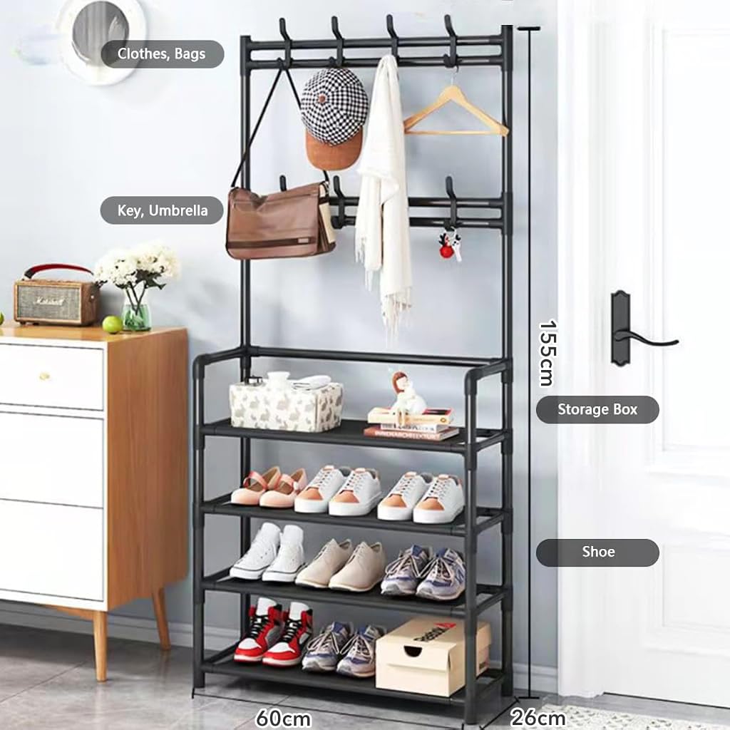 Supvox Metal Shoe Rack for Entryway Storage with 4 Tiers and Double Hanging Rods | DIY Assembly Bench Organizer