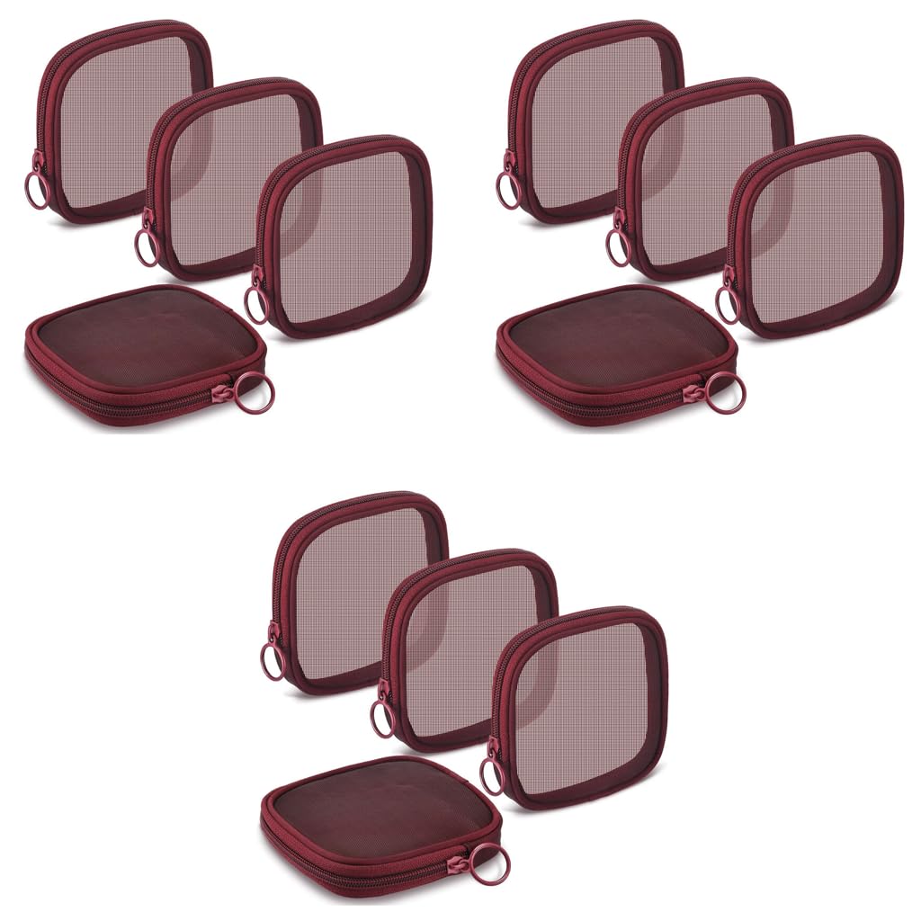 MAYCREATE Mesh Pouches for Women featuring Secure Zipper Closure 12PCS 4.7 in Square | Wine Red Makeup Organizer Bags
