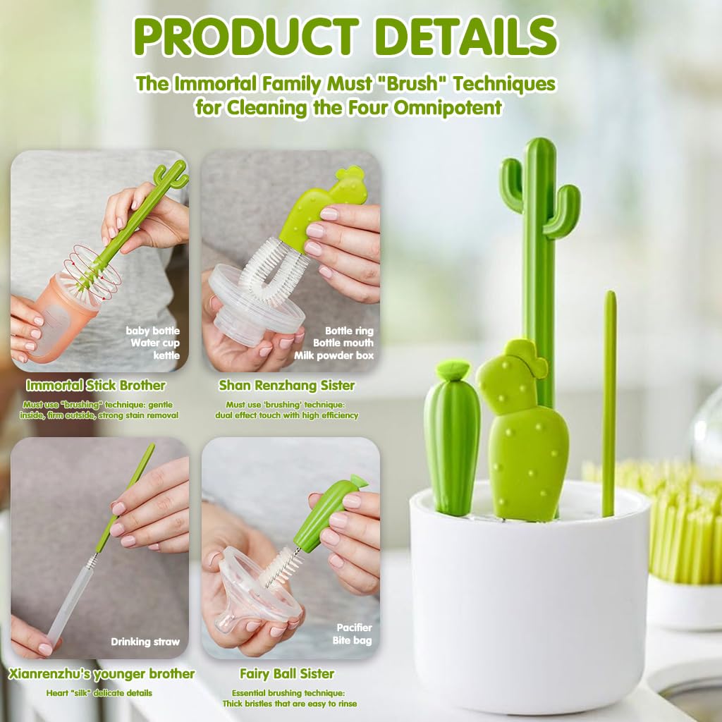 SNOWIE SOFT Bottle Cleaner Brush Set for Drinkware and Jars with Cactus Design | 4Pcs Nylon Bristles and Storage Holder