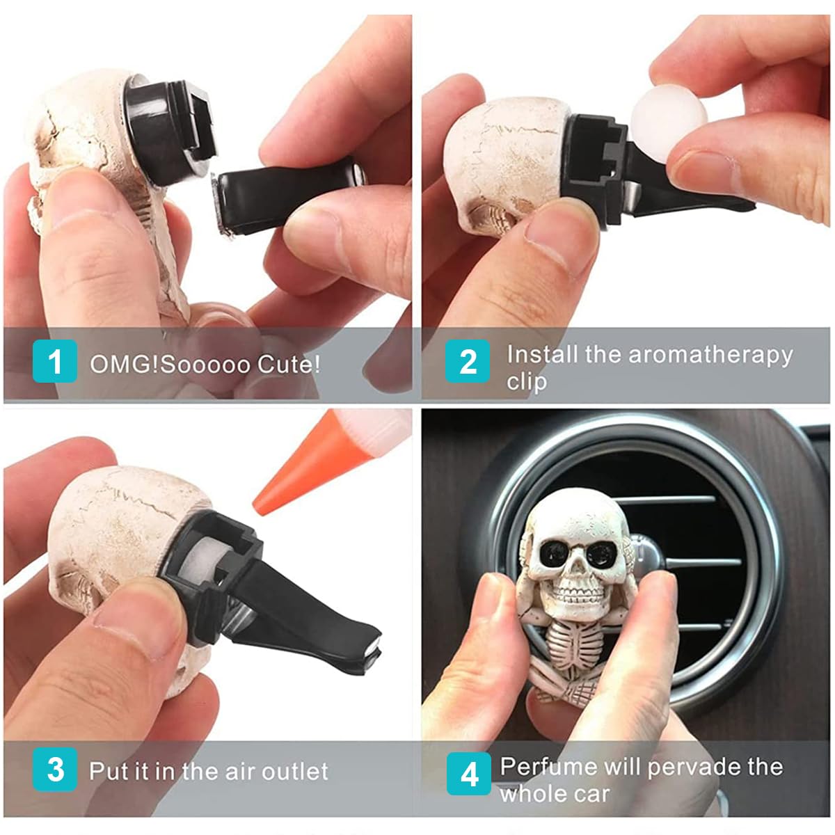 STHIRA® kull Car Air Fresheners Car Fragrance Air Freshener Cartoonish Car Air Fresheners Resin Skull Clip On Air Fresheners on Air Vent Funny Skeleton Car Air Fresheners Car Interior Decoration Gifts