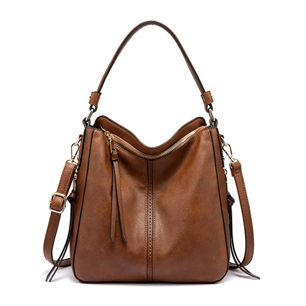 ZIBUYU  Tote Handbag for Women Fashion Faux Leather Tote Bag Classic Shoulder Crossbody Bags for Lady Girl Solid Color Brown