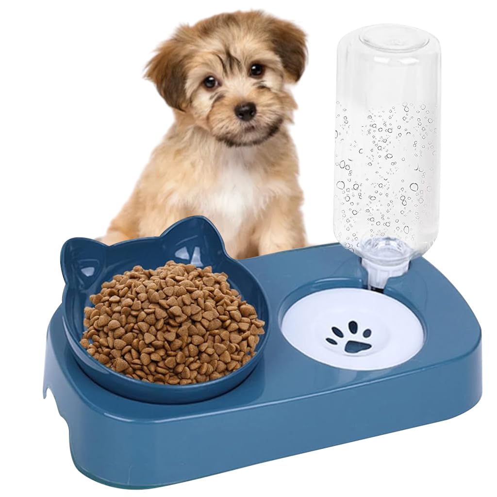 Qpets® Cat Dog Feeding Bowl, 2 in 1 Pet Food Bowl with Water Bowl, High Footed Cat Bowl Cartoon Anti Overturning Automatic Refilling Feeding Bowl for Small and Medium Pets Cats Puppies