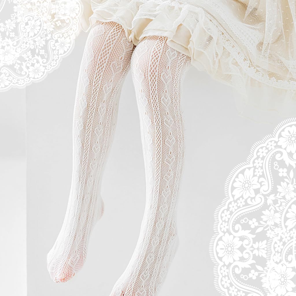 PALAY Lace Pantyhose for Kids Girls featuring Floral and Heart Patterns 2 Pcs White Stockings