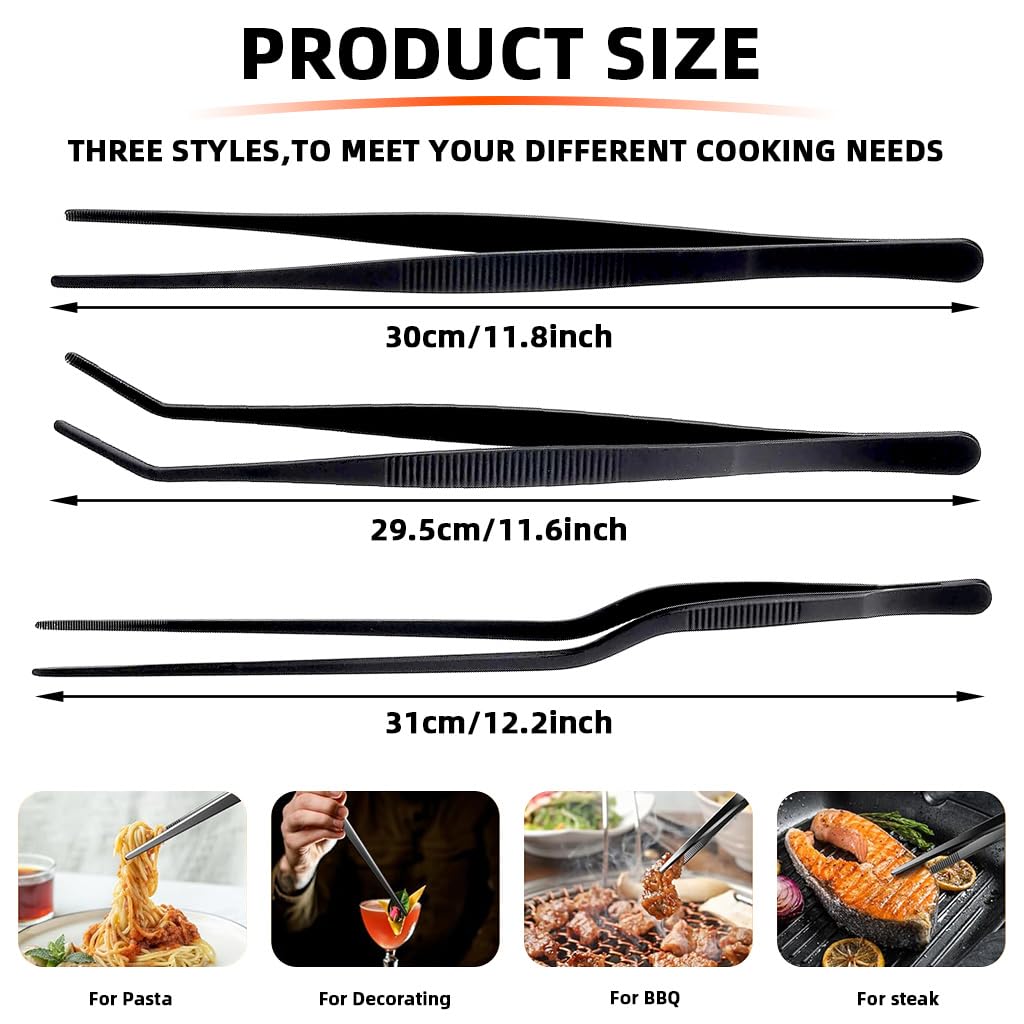 HASTHIP Cooking Tweezers Set for Kitchen and Grill with Serrated Tips | 3 Pcs 12 in Stainless Steel