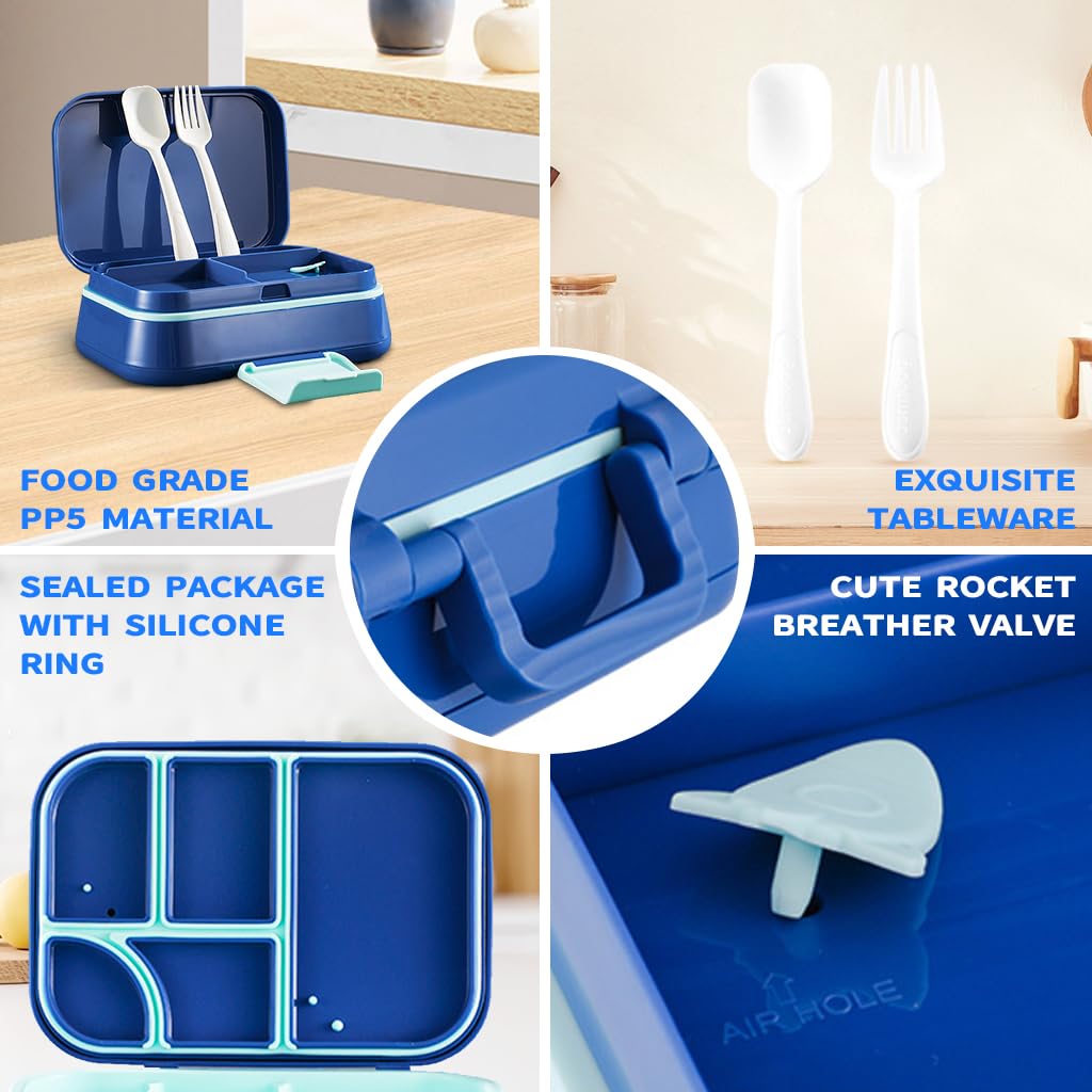 Supvox Kids Bento Box with 5 Compartments and 65ml Salad Cup featuring Leak Proof Seal | Blue Microwave Safe Lunch Box