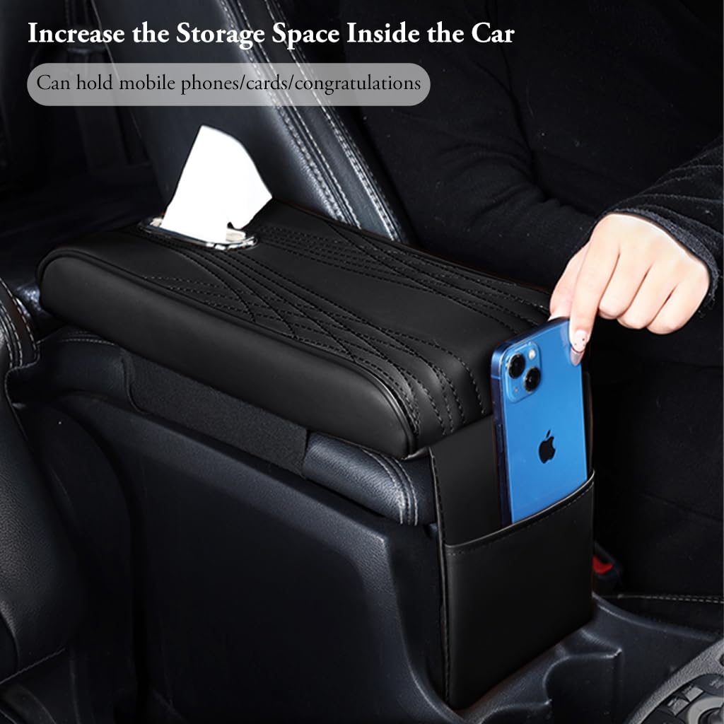STHIRA Car Arm Rest for Sedans SUVs and Trucks with Tissue Holder and Storage Pouch | PU Leather 3 in 1 Center Console