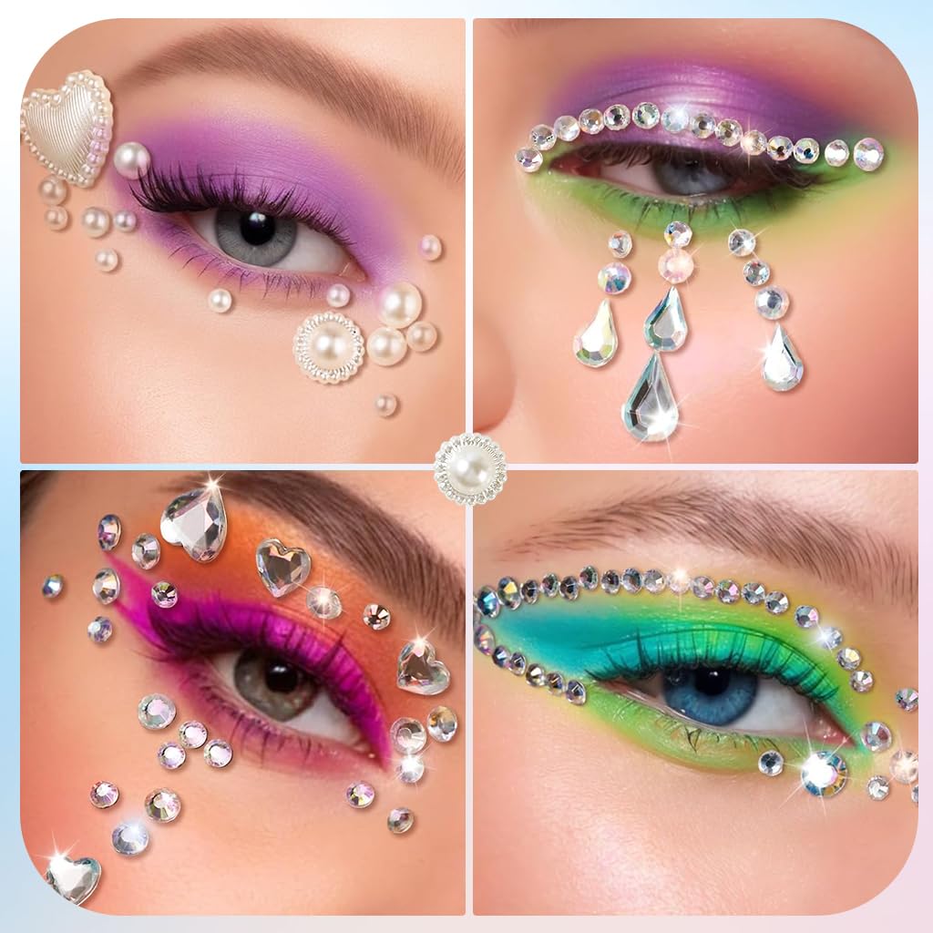 MAYCREATE Face Rhinestones for Makeup with Self Adhesive Design and Tweezer | Assorted Shapes