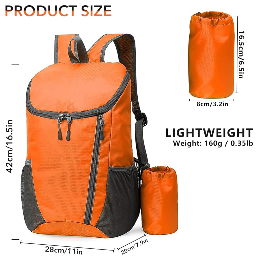 Venzina Travel Backpack for Hiking and Camping with 20L Capacity and Foldable Design | Lightweight Water Resistant Orange Bag