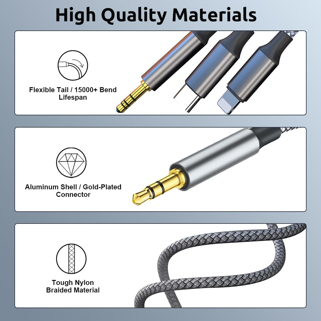 Verilux 3 in 1 Car Aux Cable for iPhone and USB C Devices featuring 1.5m Nylon Braid | 3 PCS