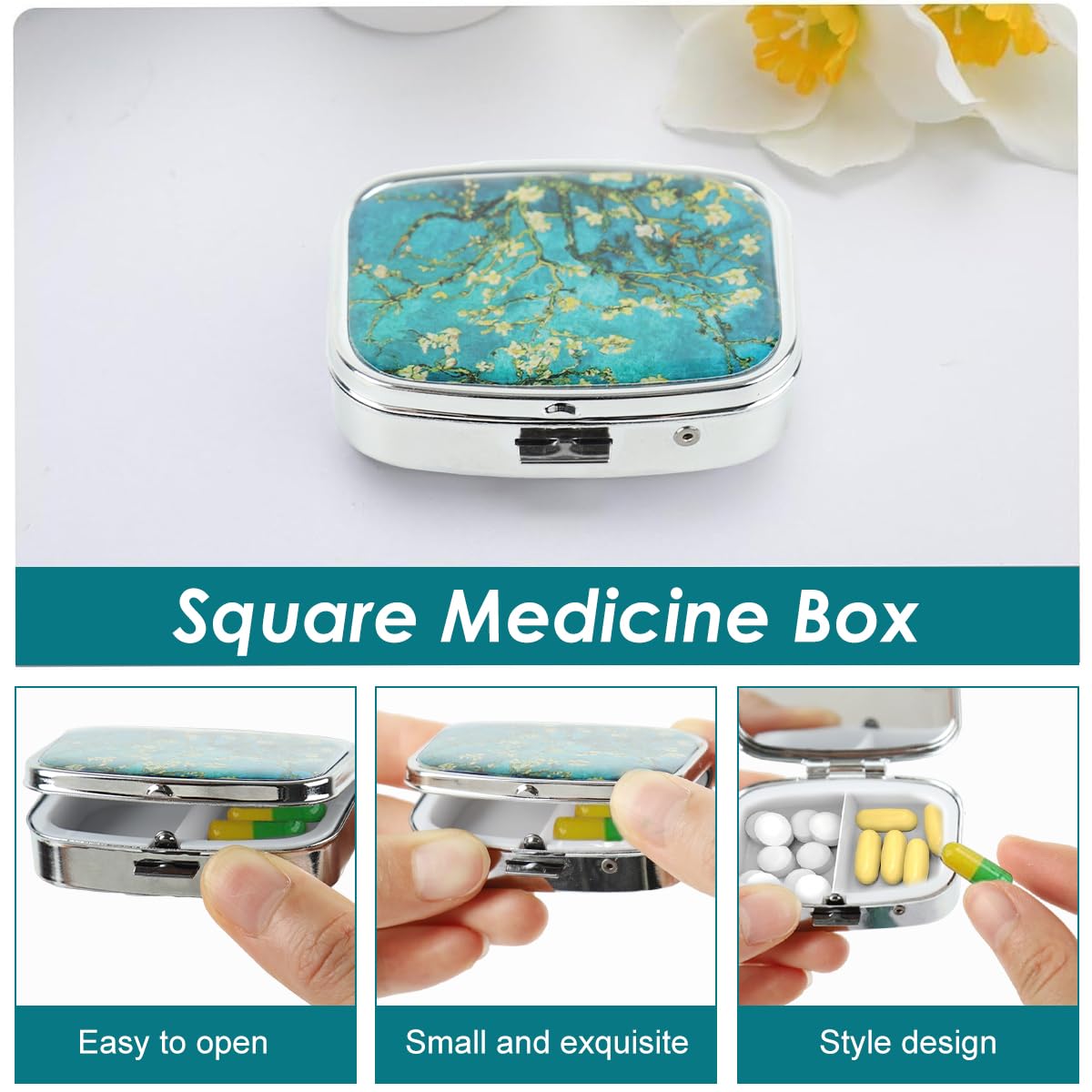 HANNEA Pill Box for Travel and Daily Use with 2 Compartments 5.6×4×1.6cm Metal Case Green