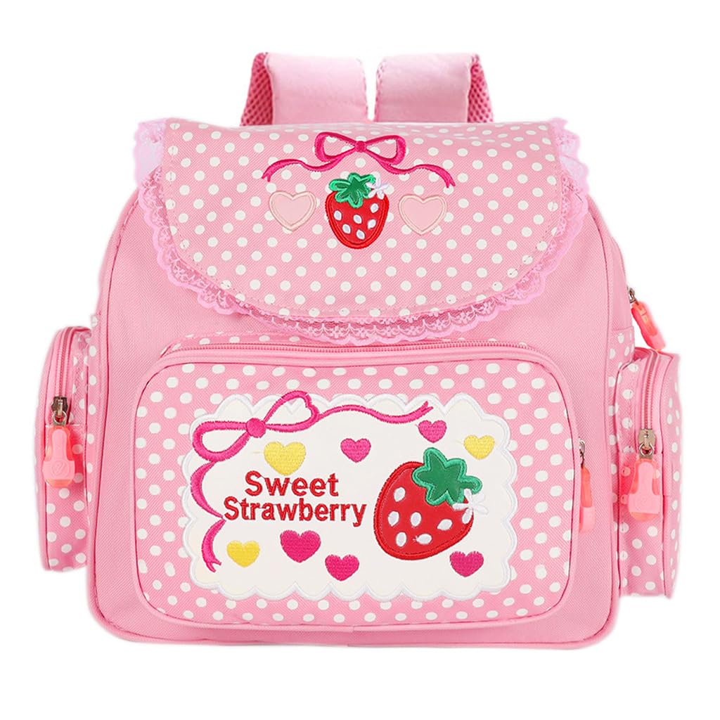 Zibuyu School Bag for Girls with 30x13x37cm Multi Pocket Canvas Design | Pink Strawberry Embroidery Backpack