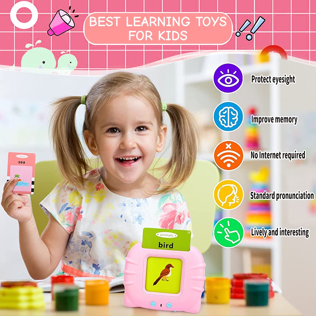 PATPAT  Talking Flash Cards Learning Toys, English Words Learning Machine for Kids,Reading Machine with 112 Flash Cards Spelling Gifts for Preschool Kids Boys Girls Toddlers Age 2 3 4 5 6 7 8 - Pink